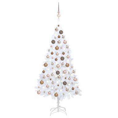 Božićno drvce umjetno, osvijetljeno s kuglicama, bijelo, 120 cm, PVC, rose gold kuglice