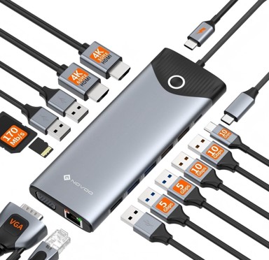 NOVOO Priključna stanica, 15 u 1, USB-C, trostruki zaslon, 2 x 4K HDMI, VGA, Ethernet, 100 W PD, USB-A/C, SD/TF, ON/OFF, B0FW45K358