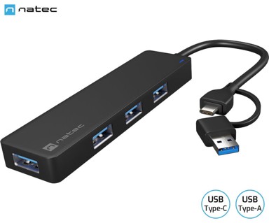 NATEC USB hub Mayfly, USB-C/A, 4x USB-A, crni