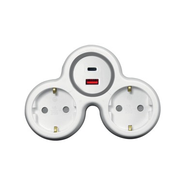 COMMEL Razdjelnik 2-struki s USB punjačem A+C 16A, bijelo-siva