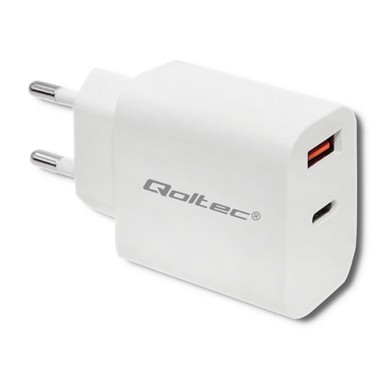 QOLTEC zidni punjač, 18 W, 5–12 V, 1,5–3 A, USB-C PD i USB QC 3.0, bijeli