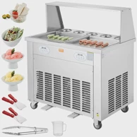 VEVOR Stroj za prženi sladoled, 13.8 inča, 2 tave, kompresor, 5 posudica, pokretni kotači, inox, srebrna