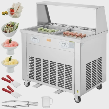 VEVOR Stroj za prženi sladoled, 13.8 inča, 2 tave, kompresor, 5 posudica, pokretni kotači, inox, srebrna