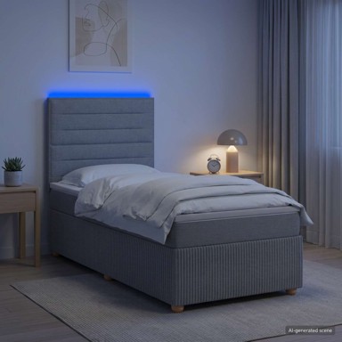 LED okvir za krevet s madracem 90 x 190 cm, tkanina, svjetlosivi