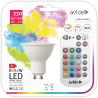 AVIDE Pametna žarulja Smart LED GU10 4.9W 34396, LED 4.9W, RGB+W, daljinskiAvide Smart LED GU10 žarulja donosi inteligentnu rasvjetu s RGB+W bojama i upravljanjem putem IR daljinskog upravljača. Snage 4,9 W (ekvivalent 23 W), svjetlosnog toka 230 lm i temperature svjetlosti 2700 K, omogućuje podešavanje boje i intenziteta svjetla prema raspoloženju. Kompaktan GU10 format, kut osvjetljenja od 120° i dug radni vijek od 30.000 sati čine je izvrsnim izborom za moderne interijere.