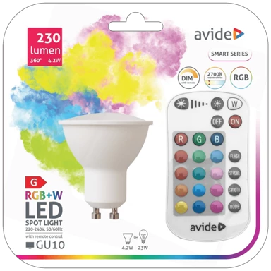 AVIDE Pametna žarulja Smart LED GU10 4.9W 34396, LED 4.9W, RGB+W, daljinskiAvide Smart LED GU10 žarulja donosi inteligentnu rasvjetu s RGB+W bojama i upravljanjem putem IR daljinskog upravljača. Snage 4,9 W (ekvivalent 23 W), svjetlosnog toka 230 lm i temperature svjetlosti 2700 K, omogućuje podešavanje boje i intenziteta svjetla prema raspoloženju. Kompaktan GU10 format, kut osvjetljenja od 120° i dug radni vijek od 30.000 sati čine je izvrsnim izborom za moderne interijere.