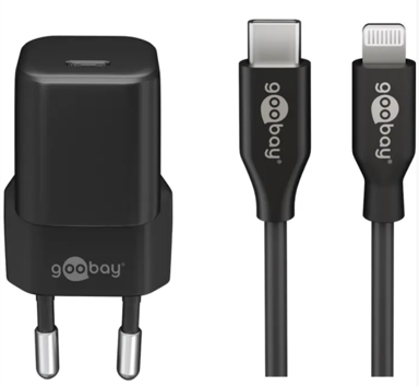 GOOBAY Set za punjenje Apple Lightning / USB-C PD Nano, 20W, punjač, kabel 1m, PD, crna