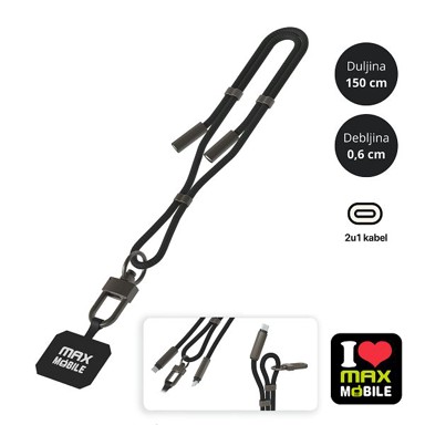 MAX MOBILE Kabel vezica za mobitel, 6 mm, 1,5 m, USB-C na USB-C, crna