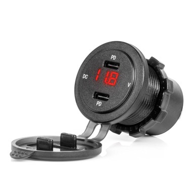 AMIO Vodootporni modularni auto punjač sa crvenim LED indikatorom i digitalnim voltmetrom, 2x USB-C, 12/24V