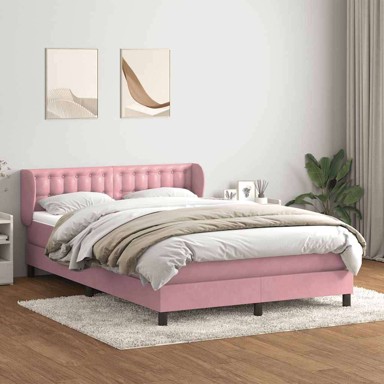 Box spring krevet s madracem 140x220 cm, baršun, gumbi, ružičasti