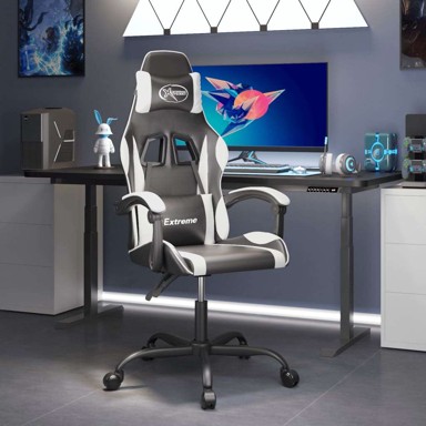 Okretna gaming stolica, umjetna koža, crno-bijelo, bez naslona za noge, 1 komad