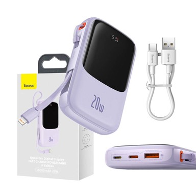 BASEUS Power bank, Qpow Pro, s Lightning kabelom, USB-C, USB, 10000mAh, 20W, ljubičasti