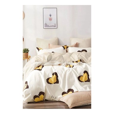 MILA HOME Posteljina Double Heart 200x220 cm za bračni/produženi krevet od renforce pamuka s uključenom plahtom 4-dijelna žuta