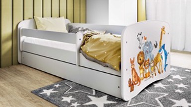 Drveni dječji krevet Životinjsko društvo s ladicom, 160x80 cm, bijeli