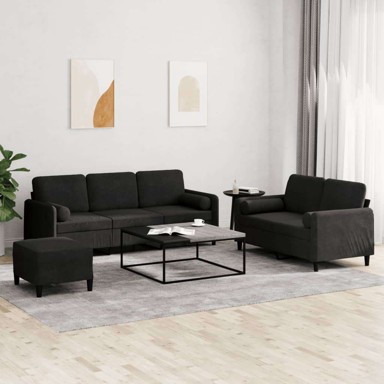 Set sofa 3-dijelni s jastucima i tabureom, baršun, crni