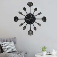 Sat, zidni, s dizajnom žlice i vilice, 40 cm, aluminij, crna