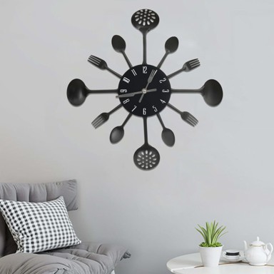 Sat, zidni, s dizajnom žlice i vilice, 40 cm, aluminij, crna