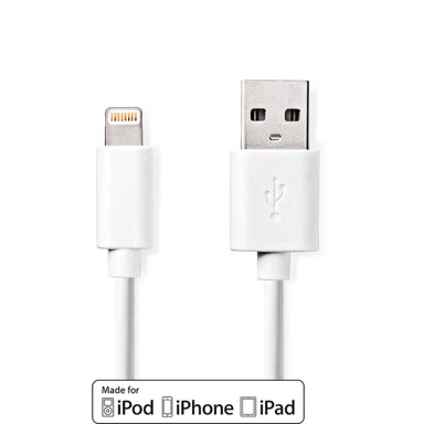 NEDIS Lightning kabel USB 2.0 Apple Lightning, 8-pinski USB-A muški 480 Mbps niklani 3,00 m okrugli PVC bijeli etiketa