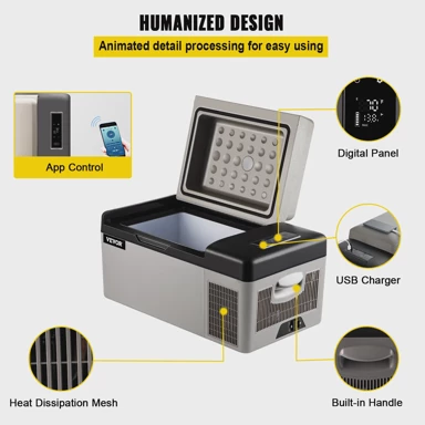 VEVOR Prijenosni hladnjak za automobil, 20 L, kompresorski, -20 do 20 ℃, 12/24 V DC i 110–240 V AC, crna