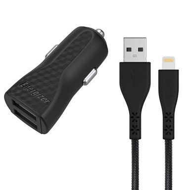 ENERGIZER hardCase - auto punjač 2x USB-A 17W 3.4A + Lightning kabel MFi certificiran, crni