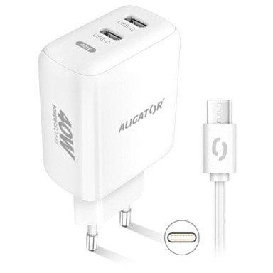 ALIGATOR Mrežni punjač Power Delivery, 40 W, 2x USB-C, kabel USB-C, bijeli