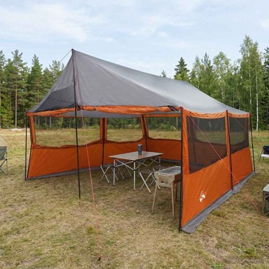 Obiteljski šator s krovom, sivi i narančasti, 450 × 400 × 265 cm