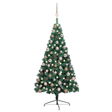 Božićno drvce umjetno, polovica, osvijetljeno zelena, 120 cm, rose gold kuglice
