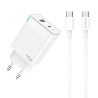 JELLICO Kućni punjač C107, USB-A i Type-C, Type-C kabel, GaN, QC, PD, 45 W, original, bijela, EU blister