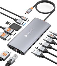 NOVOO Priključna stanica, 14 u 1, USB-C, trostruki zaslon, 2 x HDMI 4K@60Hz, DP 4K@120Hz, USB-A/C, gigabitni Ethernet, 100 W PD, SD/TF, audio