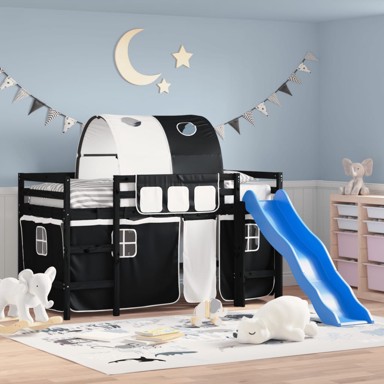 Dječji krevet na kat s tunelom crno-bijeli 80 x 200 cm borovina