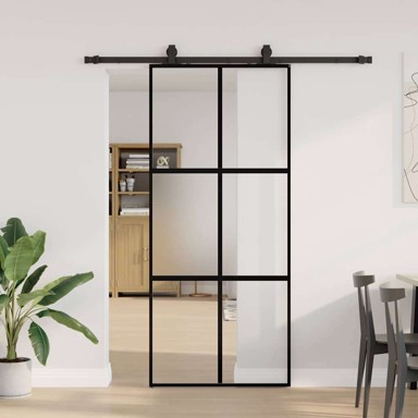 Klizna vrata s priborom crna 90 x 205 cm kaljeno staklo mat i prozirno