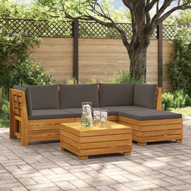 Set vanjskih sofa s jastucima, 5 kom, čvrsto drvo akacije, smeđa